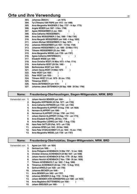 Orte und ihre Verwendung