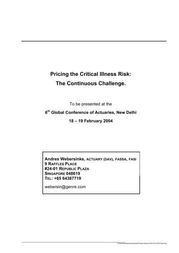 Pricing the Critical Illness Risk - Actuarial Society of India
