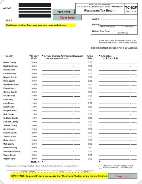 form TC-62F, Restaurant Tax Return - Utah State Tax Commission ...