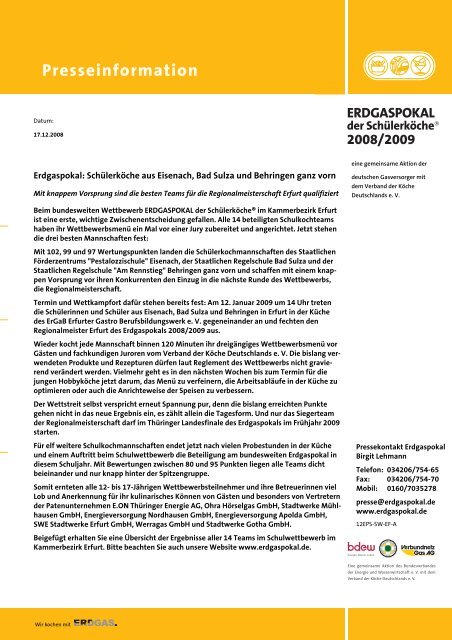 Erdgaspokal: Schülerköche aus Eisenach, Bad Sulza und Behringen