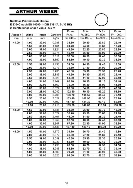 Preisliste nahtlose Präzisionsrohre ... - Arthur Weber AG