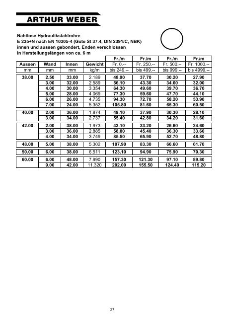 Preisliste nahtlose Präzisionsrohre ... - Arthur Weber AG