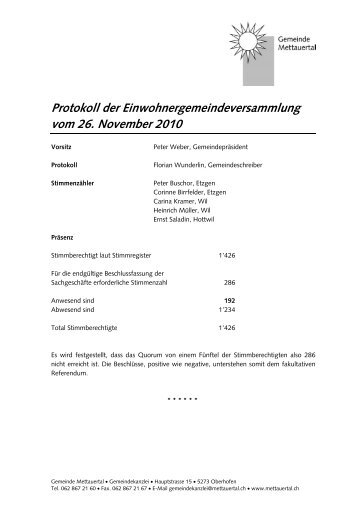 Protokoll der Einwohnergemeindeversammlung vom 26. November ...