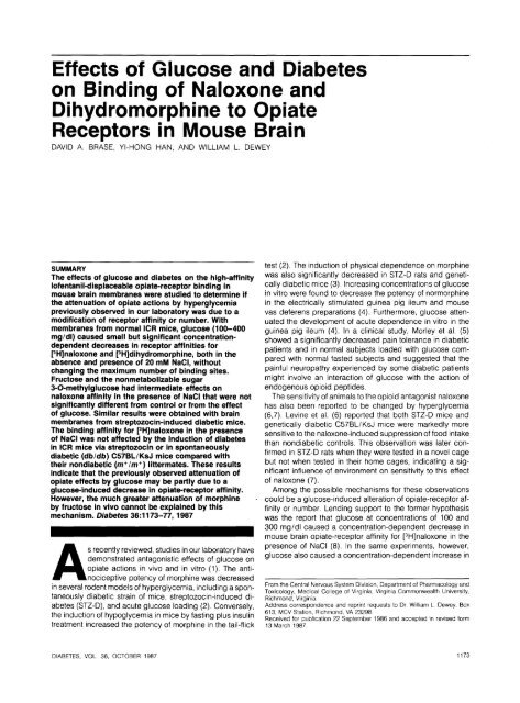 Effects of Glucose and Diabetes on Binding of Naloxone and ...