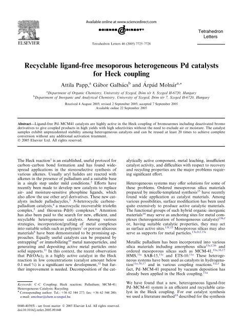 Recyclable ligand-free mesoporous heterogeneous Pd catalysts for ...