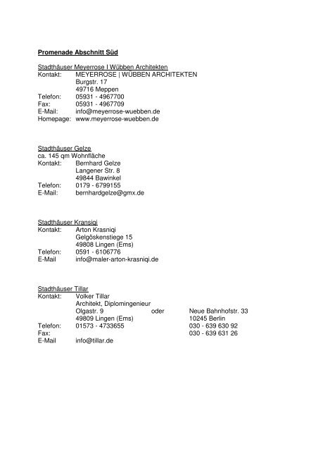 Kontaktliste Investoren zur Stadthausbebauung