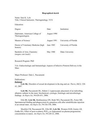 Biographical sketch Name: Sara K. Lyle Title - School of Veterinary ...