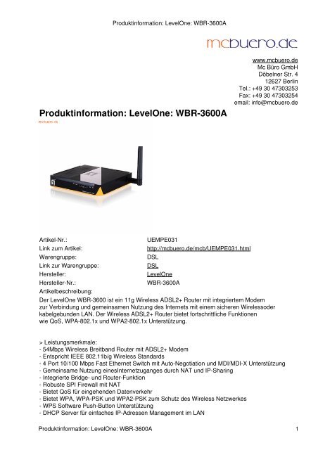 Produktinformation: LevelOne: WBR-3600A