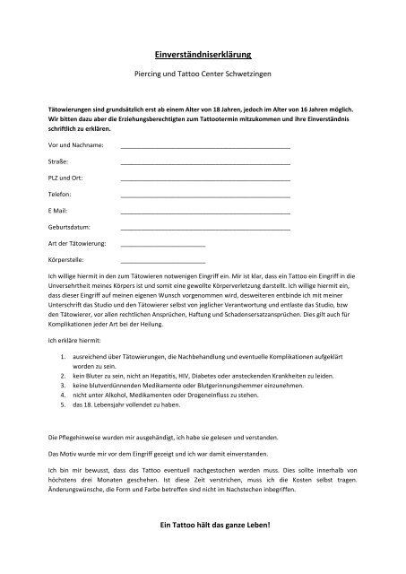Einverstandniserklarung Piercing Center Schwetzingen