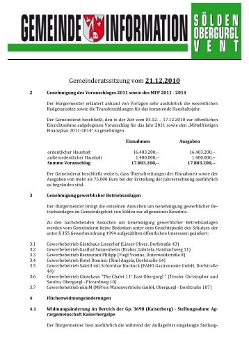 Gemeinderatssitzung vom 21.12.2010 - Sölden