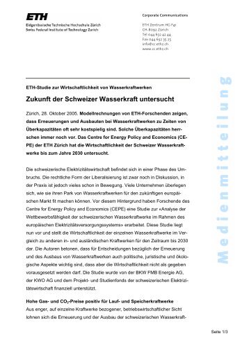 Zukunft der Schweizer Wasserkraft untersucht - CEPE - Centre for ...