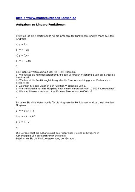 Aufgaben zu Lineare Funktionen - Matheaufgaben-loesen