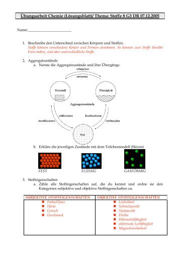 Übungsarbeit Chemie (Lösungsblatt)/ Thema: Stoffe 8 G3 DR 07.12 ...