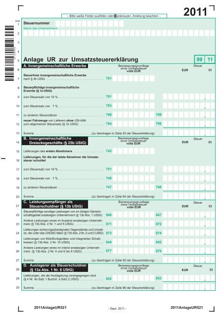 Anlage UR zur Umsatzsteuererklärung