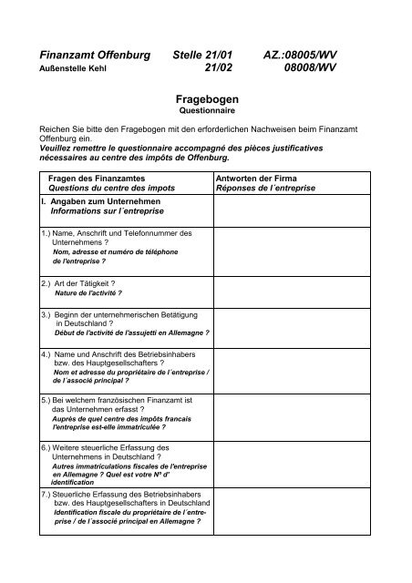 Fragebogen zur steuerlichen Erfassung - Finanzamt Offenburg