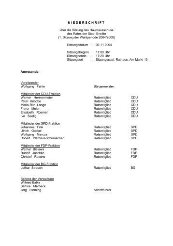 Sitzung des Hauptausschusses vom 02.11.04 - Stadt Erwitte