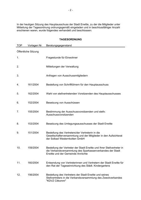 Sitzung des Hauptausschusses vom 02.11.04 - Stadt Erwitte