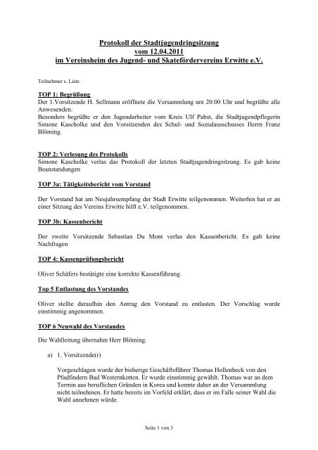 Protokoll der Stadtjugendringsitzung vom 12.04.2011 ... - Stadt Erwitte