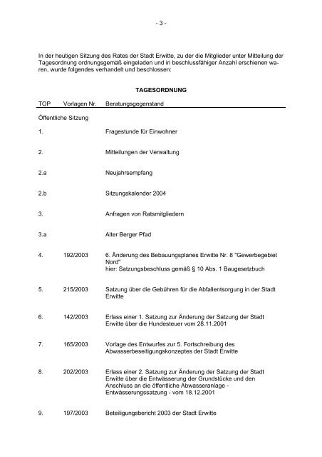 Ratssitzung vom 11.12.2003 - Stadt Erwitte