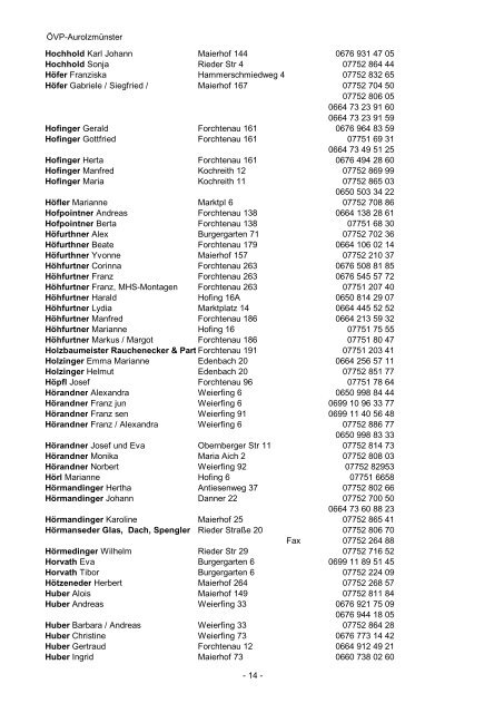 ÖVP Telefonbuch Marktgemeinde Aurolzmünster - ÖVP Aurolzmünster