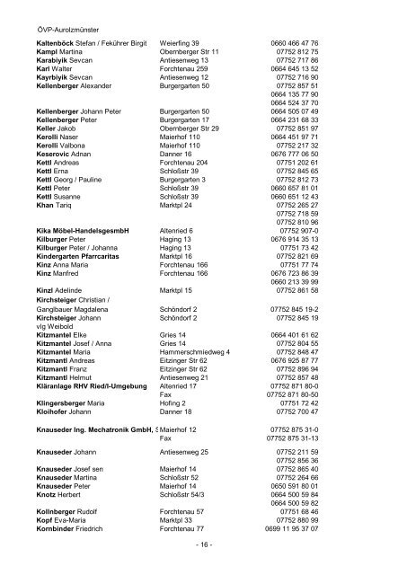 ÖVP Telefonbuch Marktgemeinde Aurolzmünster - ÖVP Aurolzmünster