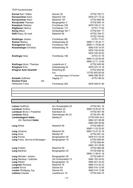 ÖVP Telefonbuch Marktgemeinde Aurolzmünster - ÖVP Aurolzmünster