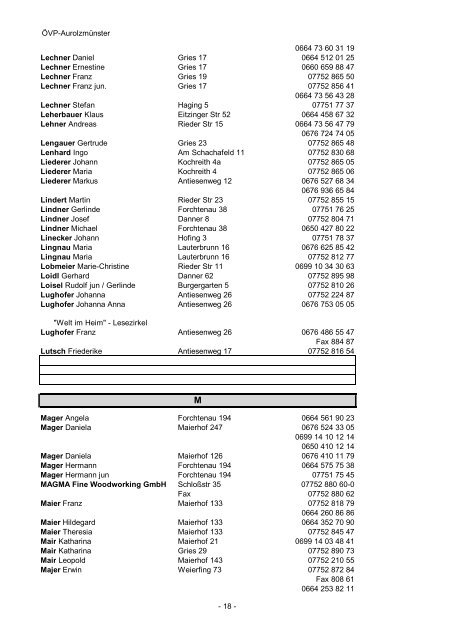 ÖVP Telefonbuch Marktgemeinde Aurolzmünster - ÖVP Aurolzmünster