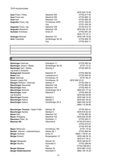 ÖVP Telefonbuch Marktgemeinde Aurolzmünster - ÖVP Aurolzmünster