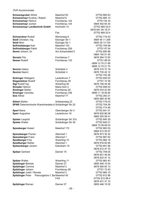 ÖVP Telefonbuch Marktgemeinde Aurolzmünster - ÖVP Aurolzmünster