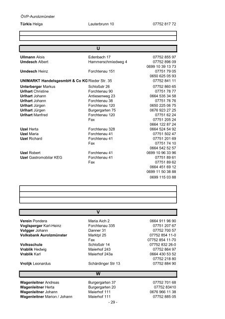 ÖVP Telefonbuch Marktgemeinde Aurolzmünster - ÖVP Aurolzmünster