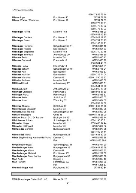 ÖVP Telefonbuch Marktgemeinde Aurolzmünster - ÖVP Aurolzmünster