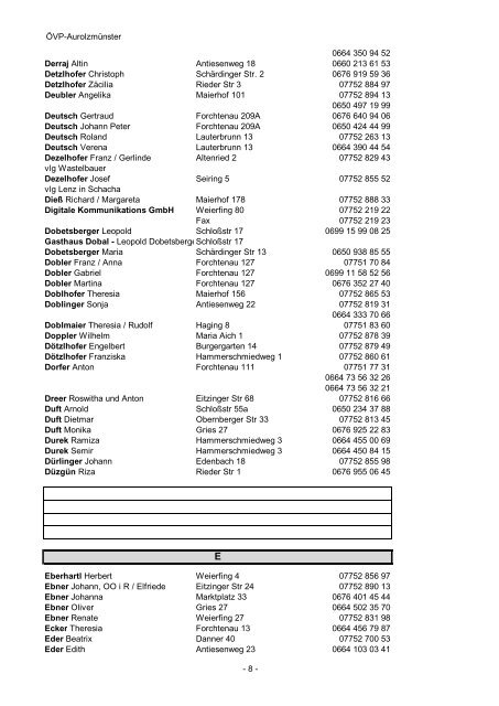 ÖVP Telefonbuch Marktgemeinde Aurolzmünster - ÖVP Aurolzmünster