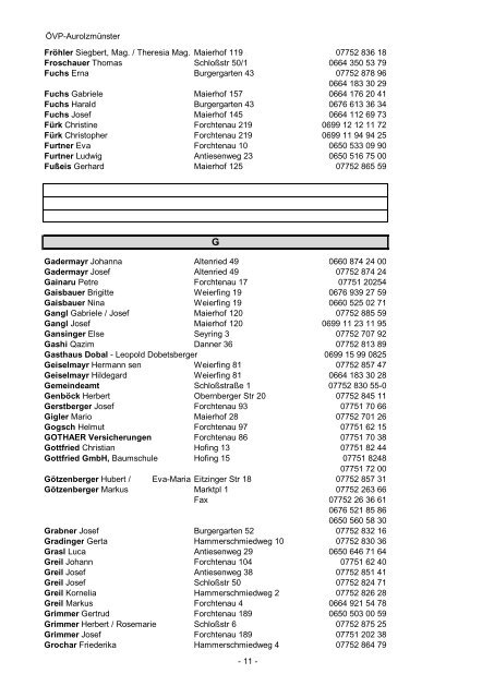 ÖVP Telefonbuch Marktgemeinde Aurolzmünster - ÖVP Aurolzmünster