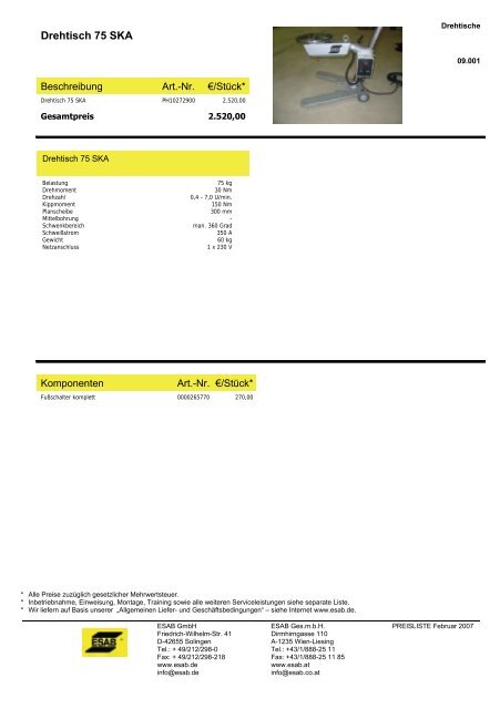 Maschinen-Preisliste 2006 - ESAB ARCOS Georg Hartner GmbH