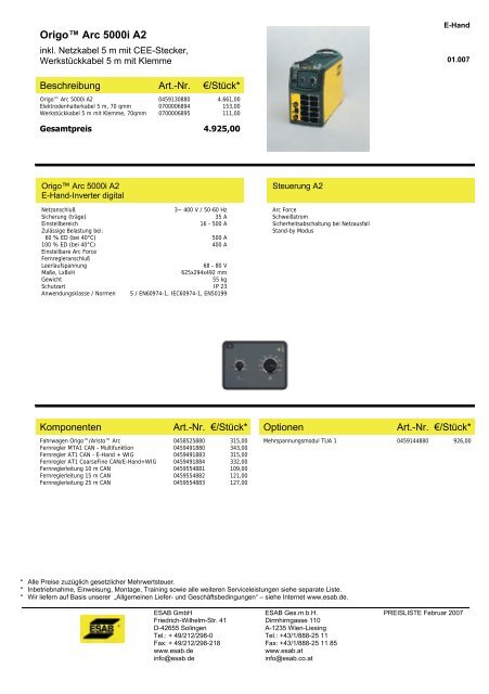 Maschinen-Preisliste 2006 - ESAB ARCOS Georg Hartner GmbH