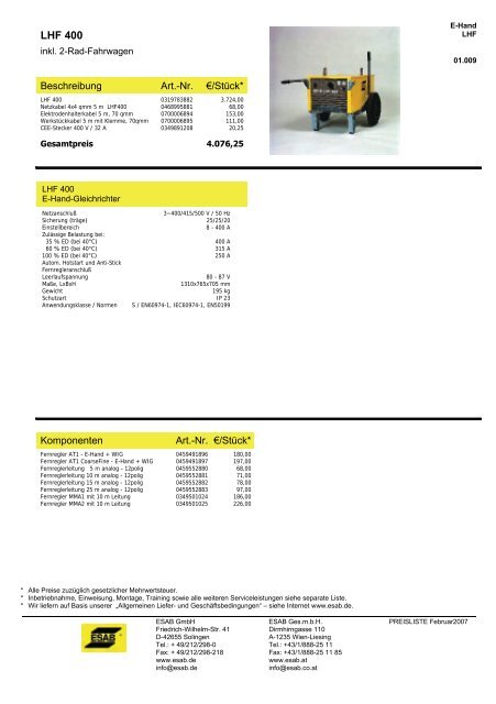 Maschinen-Preisliste 2006 - ESAB ARCOS Georg Hartner GmbH