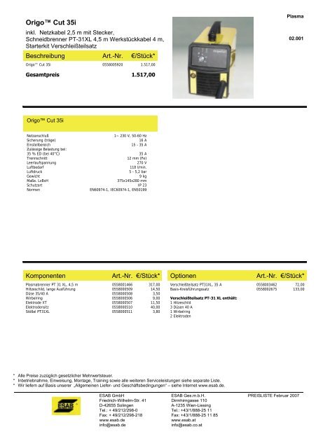 Maschinen-Preisliste 2006 - ESAB ARCOS Georg Hartner GmbH