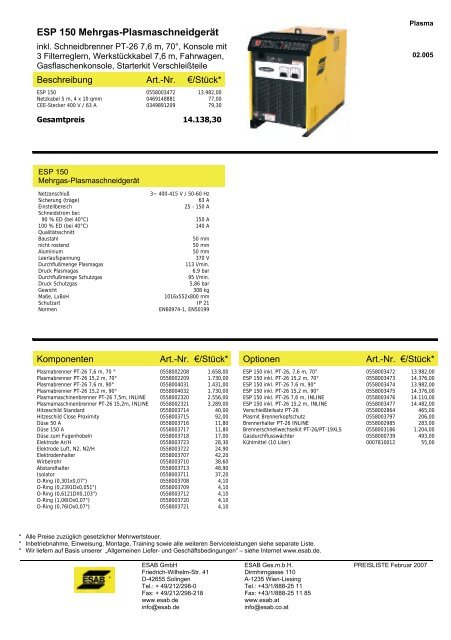 Maschinen-Preisliste 2006 - ESAB ARCOS Georg Hartner GmbH