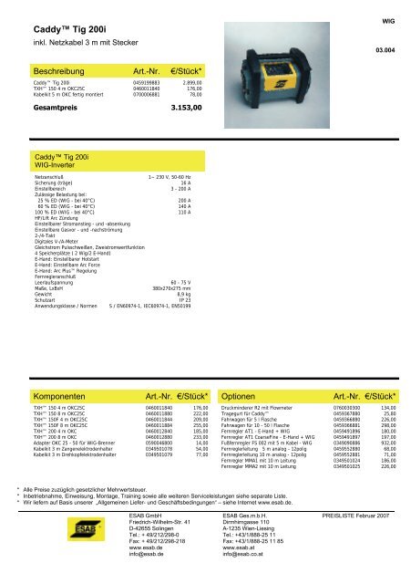 Maschinen-Preisliste 2006 - ESAB ARCOS Georg Hartner GmbH