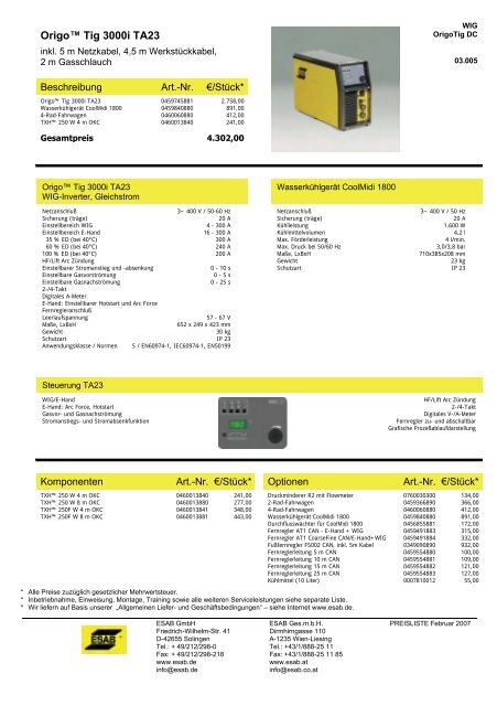 Maschinen-Preisliste 2006 - ESAB ARCOS Georg Hartner GmbH