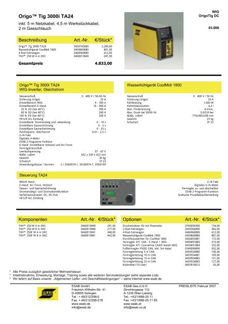 Maschinen-Preisliste 2006 - ESAB ARCOS Georg Hartner GmbH