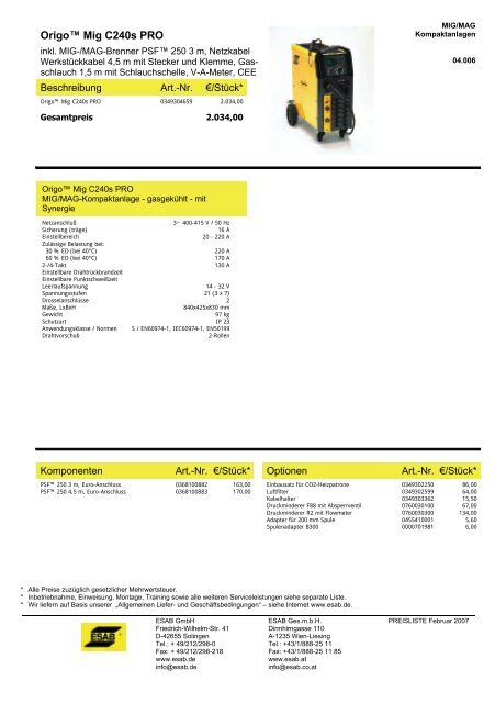 Maschinen-Preisliste 2006 - ESAB ARCOS Georg Hartner GmbH