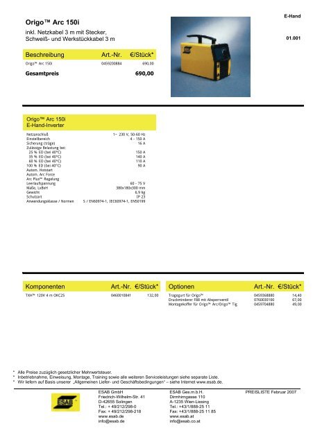 Maschinen-Preisliste 2006 - ESAB ARCOS Georg Hartner GmbH