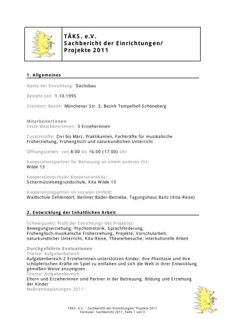 TÄKS. e.V. Sachbericht der Einrichtungen/ Projekte 2011