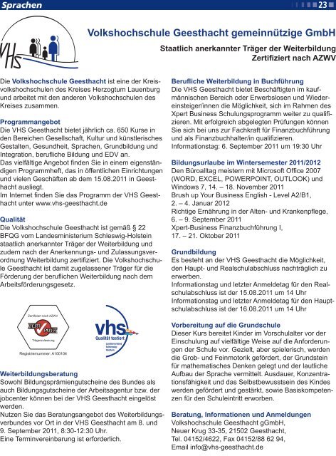 Programmheft Herbst 2011 Wissen - VHS Dassendorf