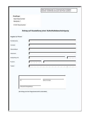 Antrag auf Ausstellung einer Aufenthaltsbescheinigung - Waischenfeld