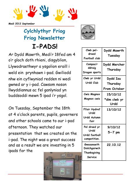 Cylchlythyr Medi 2012 - Ysgol Friog