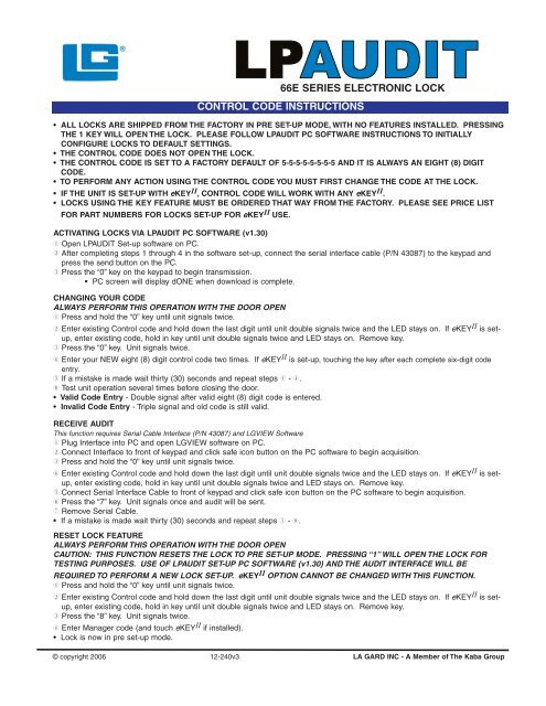 66E SERIES ELECTRONIC LOCK CONTROL CODE INSTRUCTIONS