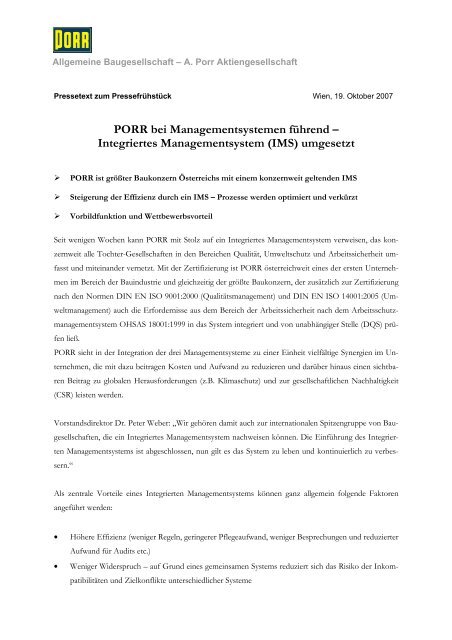 Integriertes Managementsystem (IMS) umgesetzt - Porr