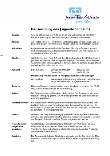Hausordnung des Jugendwohnheims - Jean-Paul-Verein Bayreuth